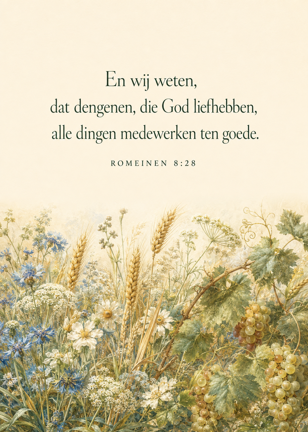 Bloeiende bloemen, tarwe en druiven